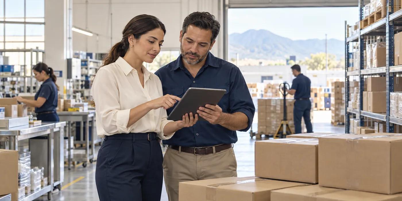 Escena ilustrativa de responsables de compras y suministro revisando una necesidad empresarial.